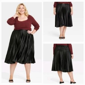 Ava & Viv Women's Pleated Satin Midi A-line Skirt ~ Black